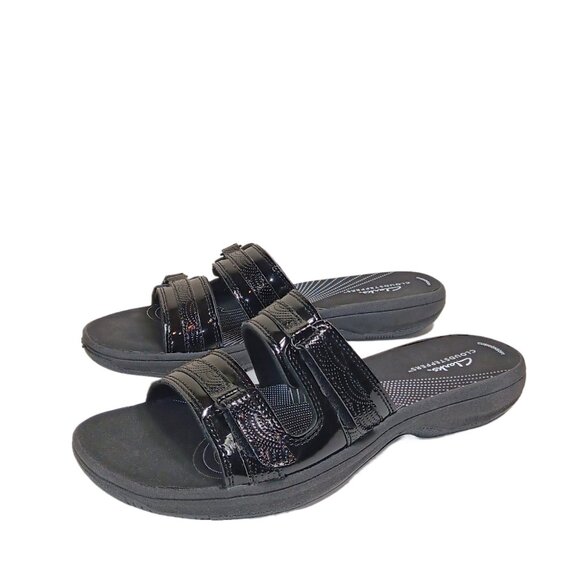 Clarks Cloudsteppers Breeze Piper Sandals Womens 9 Black Patent Comfort Slides - Picture 1 of 5